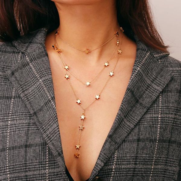 

trendy creative multilayer metal star choker necklace for women punk charms necklace tassel jewelry accessories, Silver