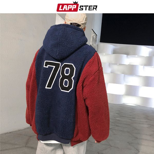 

мужчины лоскутной harajuku шерсть куртки с капюшоном пуловер 2019 пара толстого streetwear пальто зимы parka корейская ветровка, Black