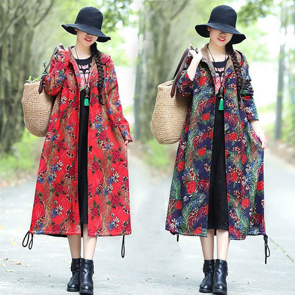 

women winter hooded warm coat plus size vintage printed cotton padded coats female long parka womens wadded jaqueta feminina, Black