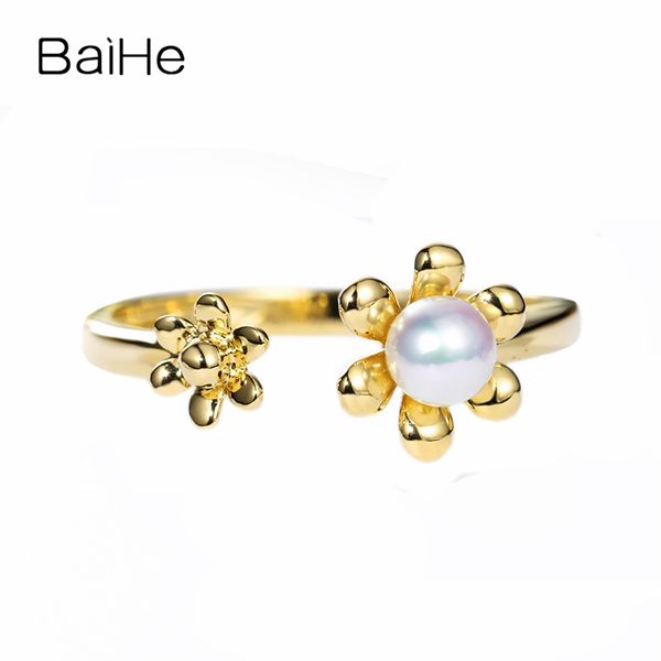 

baihe solid 14k yellow gold 4-4.5mm certified round 100% genuine natural freshwater pearl wedding women trendy fine jewelry ring, Golden;silver
