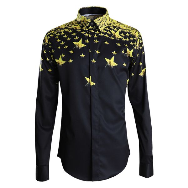 

black men shirt luxury starlight allover printing long sleeve mens shirts slim casual shirts party nightclub shirt man, White;black