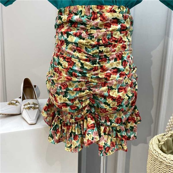 

ewq] 2020 summer new vintage floral women skirts pleated irregular ruffled chiffon skirt women korea casual all-match faldas, Black