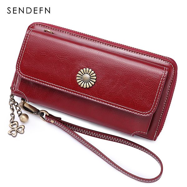 

sendefn new sale women clutch leather wallet female long wallet women zipper purse strap money bag purse for iphone 7-8 5205-5 y190701, Red;black
