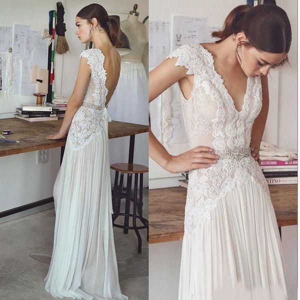 abiti da sposa boho lihi hod abiti da sposa bohémien con maniche ad aletta e gonna a pieghe con scollo a V eleganti abiti da sposa aline con schienale basso