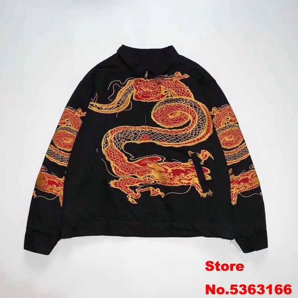 

sureme 18fw version chinese totem of dragon embroidery winter work jacket men women cotton hiphop padded jackets coats men, Black;brown