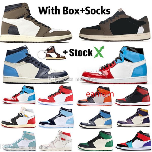 

1 high og travis scotts mens basketball shoes unc spiderman 1s 3 banned bred toe chicago royal blue men sport designer sneakers trainers, Black