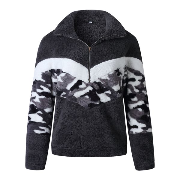 

fashion-patchwork pullover long sleeve zipper sherpa sweatshirt soft fleece camouflage camo outwear with pockets hoodie coat ljja2862, Black