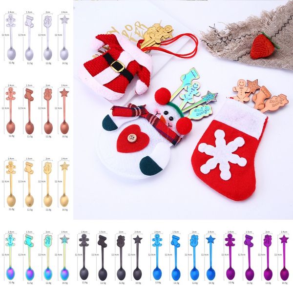 Colheres de Natal Define Multicolor Natal de café Colheres de aço inoxidável Sorvete Sobremesas Colher Set Crianças Sobremesa colher