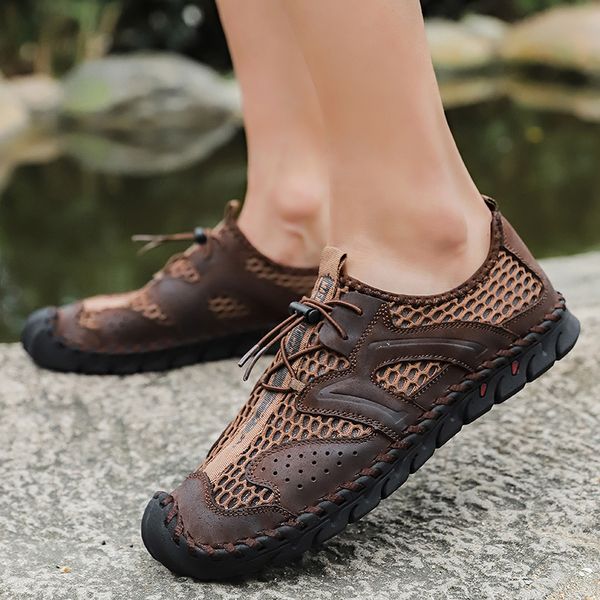 

men sport running shoes genuine leather breathable mesh fabric casual shoes wading beach shoes sandals long-short drainage size 38-48, Black