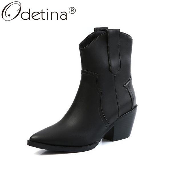 

odetina women fashion slip on winter casual ankle boots ladies keep warm sewing round toe block high heel vintage western boots, Black