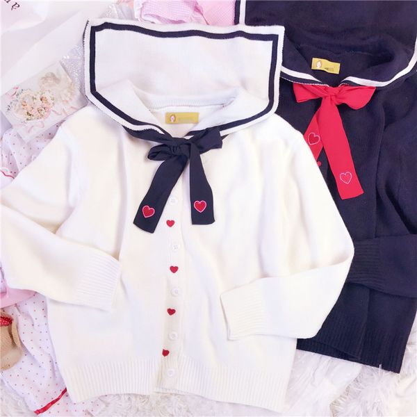 

aodmoe autumn women preppy style sweater navy blue knitwear korea fashion girls sweet heart embroidery sailor collar cardigans, White