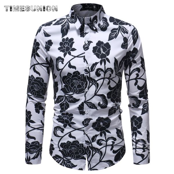 

2020 hawaiian shirt long sleeve floral print mens dress formal shirts camisa social masculina men casual slim fit shirt, White;black