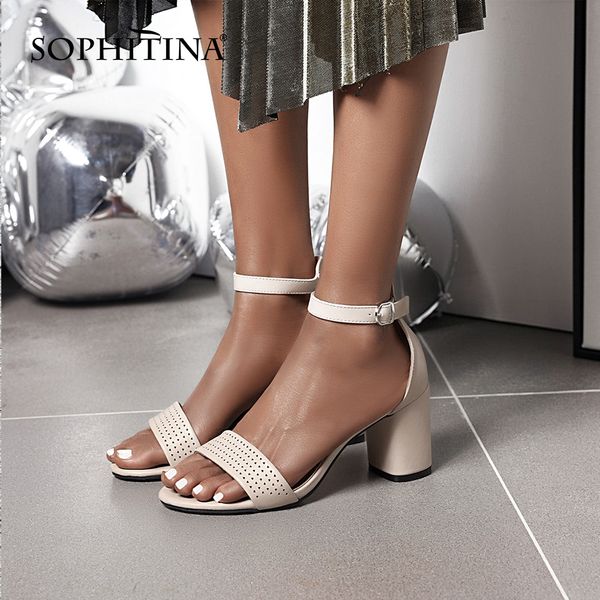 

sophitina rome new sandals women round toe comfortable square heels casual buckle solid shoes breathable concise sandals po588 t200529, Black