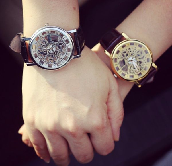 

leather band gifts for womeb fashion business skeleton watch men engraving hollow reloj hombre dress quartz wristwatch, Slivery;brown