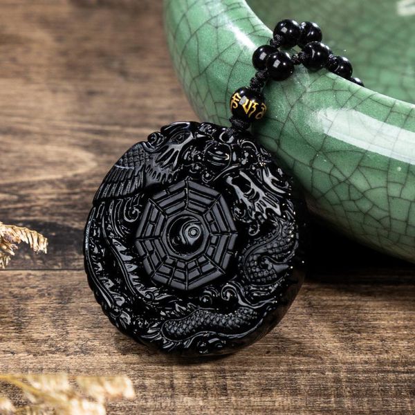 

dragon phoenix pendant necklace yin yang bagua symbol obsidian carved beaded chain necklaces money wealthy lucky jewelry, Silver