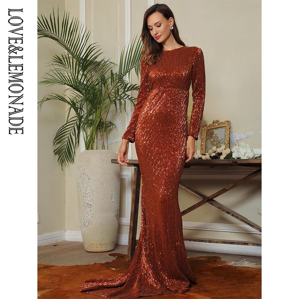 

love&lemonade 0-neck high waist elastic pleated sequins fishtail shape party long dress lm81620 brown, Black;gray