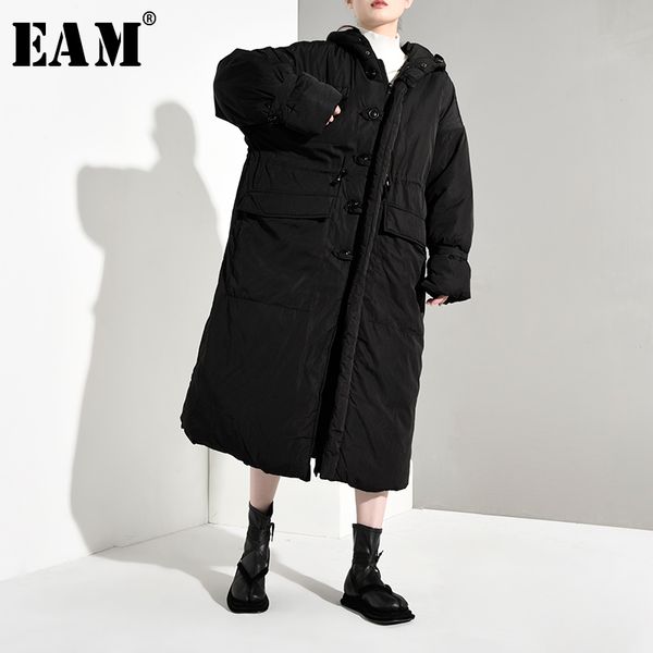 

eam] black long hooded cotton-padded coat long sleeve loose fit women parkas fashion tide new autumn winter 2019 tc2130