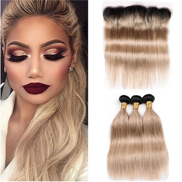 Peruvian Honey Blonde Ombre Human Hair 3bundles With Frontal 1b