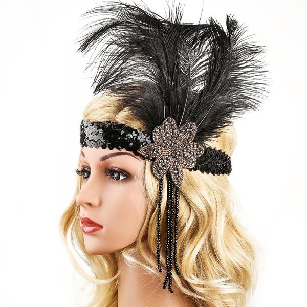 

wholesale black feather headband with sequins inset with diamonds feather head bands with indian feather hairband racehorse festival tiara, Black;brown