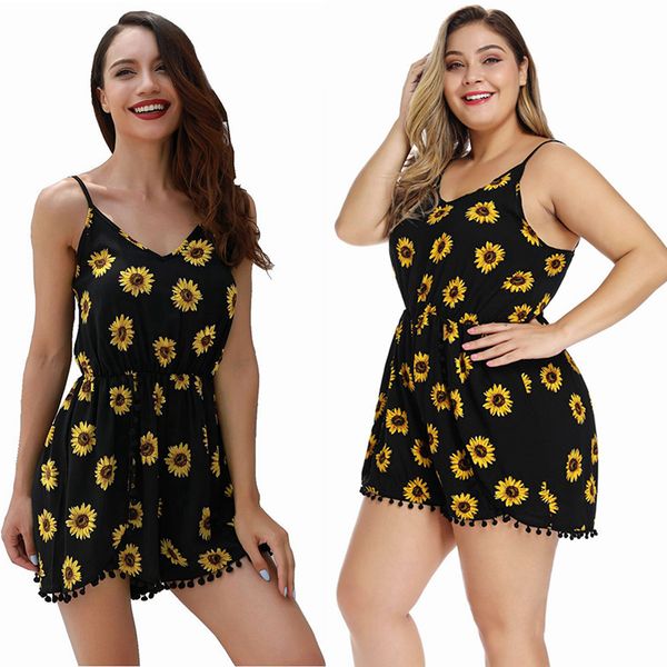 

plus size 4xl hawaiian style beach playsuits women sunflower pattern combinaison femme sling playsuit bodysuits girl, Black;white