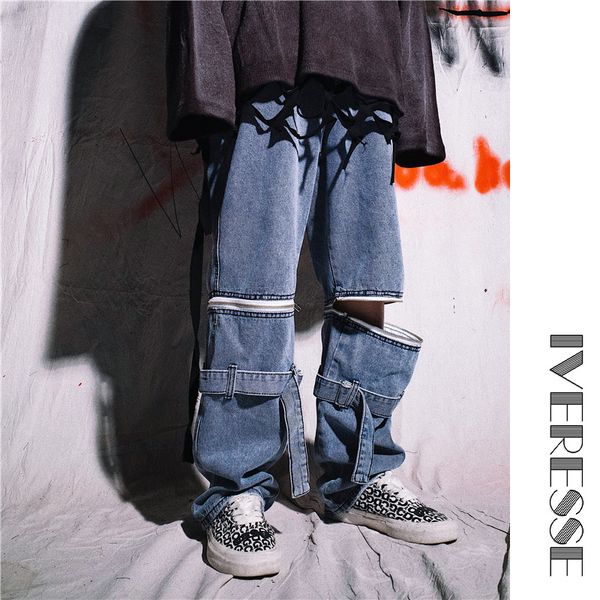 

patchwork removable zipper hip hop denim jeans men loose retro gothic skateboard trousers casual loose wide leg pants streetwear, Blue
