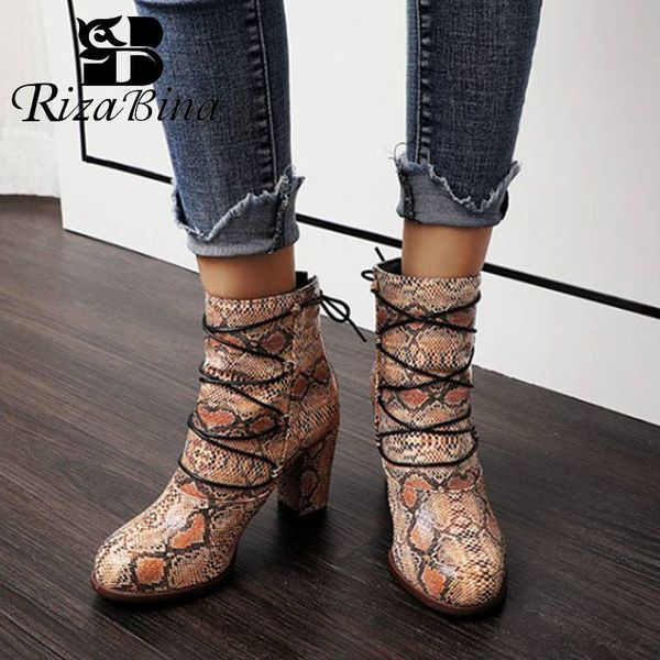 

rizabina plus size 34-48 women ankle boots snakeskin pattern high heels shoes round toe lace up winter women footwear, Black