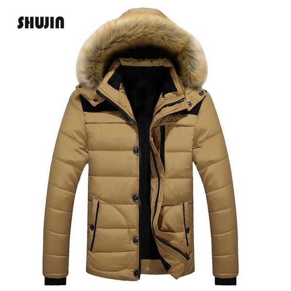 

6xl casual men hooded jacket winter warm fur collar men's patchwork thick outwear male coats zipper plus size abrigo hombre, Black
