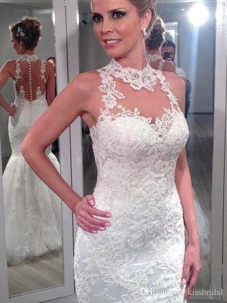 

elegant mermaid wedding dresses high neck beaded lace wedding dress bridal gowns sheer see through bride formal gown vestidos de novia, White
