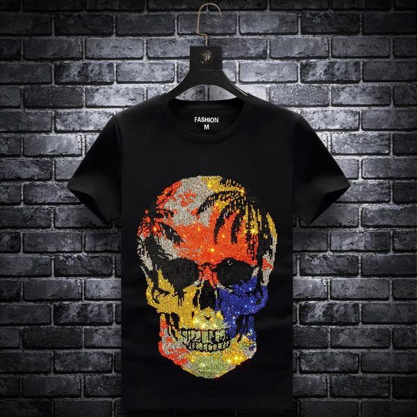 

summer european and american fashion brand embroidery drilling short-sleeved t-shirt men's fashion slim round neck net red half-sleeved, White;black