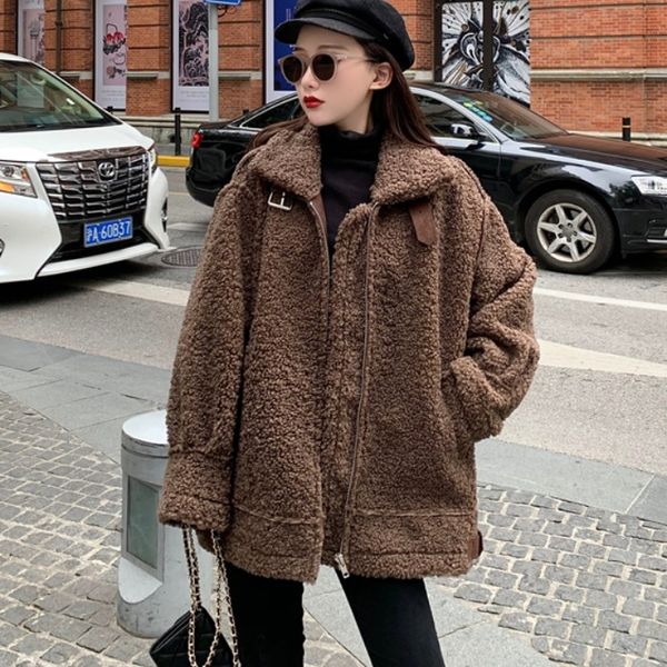 

women furry coat women autumn winter new ladies wild korean loose solid color short coat imitation lamb wool yy92, Black