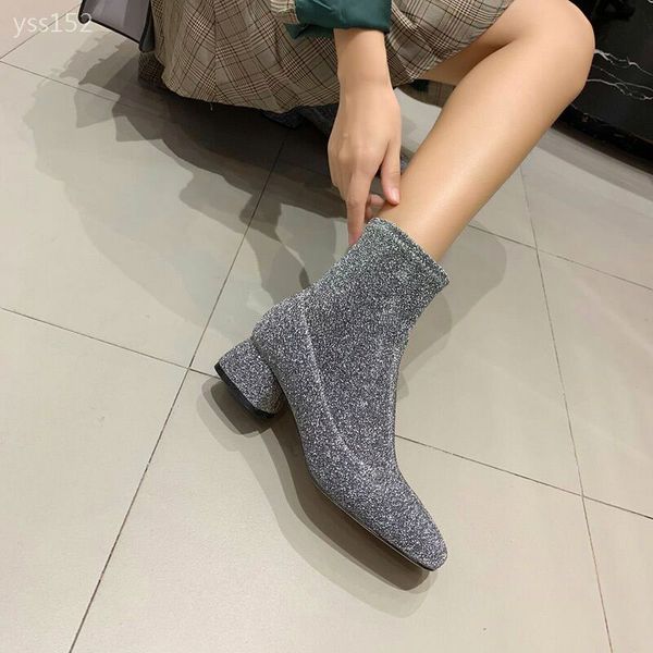 

elastic short boots women 2020 new fashionable autumn and winter sequin socks boots comfortable medium with net red thin, Black