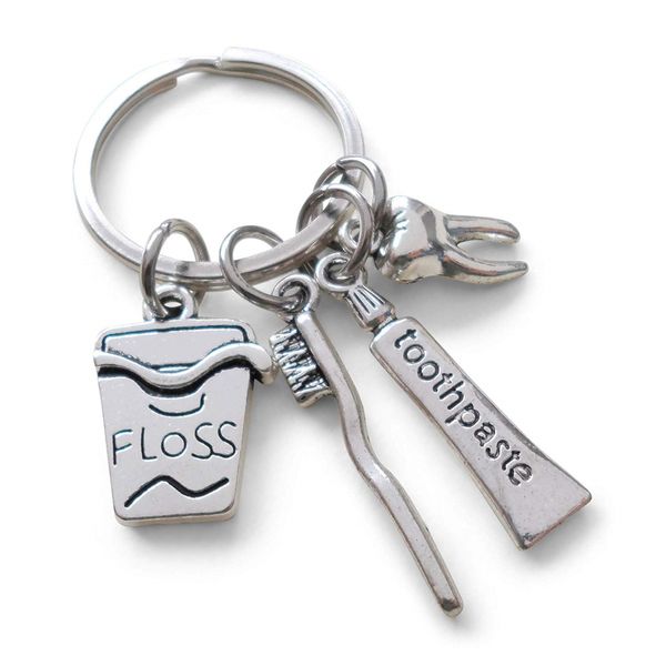 

toothpaste toothbrush dental floss box teeth keychain dentist stomatology hospital dentist nurse keychain creative jewelry friend gift, Slivery;golden