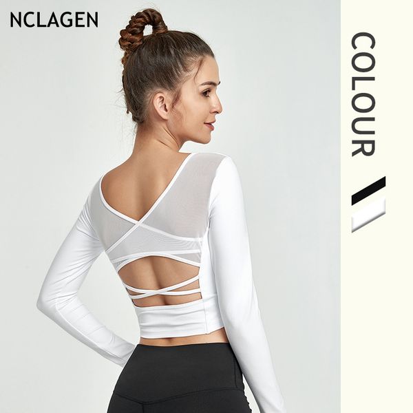 

nclagen beautiful back yoga thickening woman gym sport workout running long sleeves fitness stretchy cross-back black, White;red