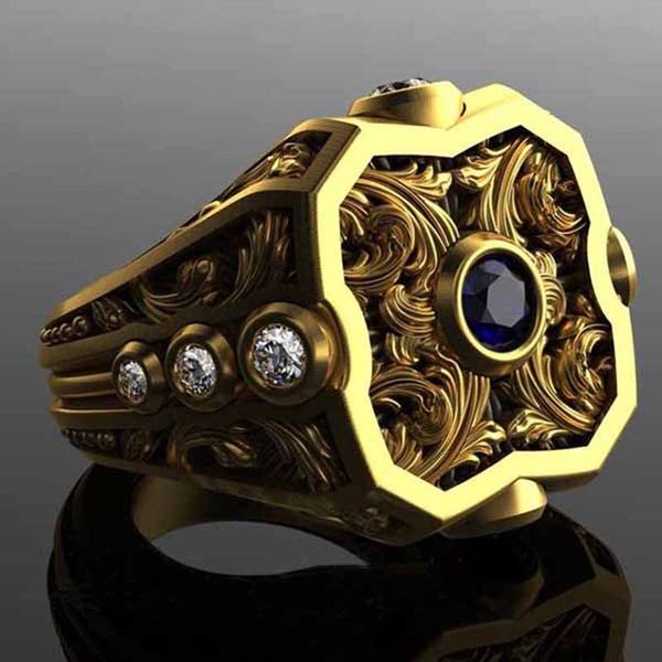 

vintage russian men large ring exquisite pattern carving gold blue cz ring birthday anniversary gift banquet jewelry, Golden;silver