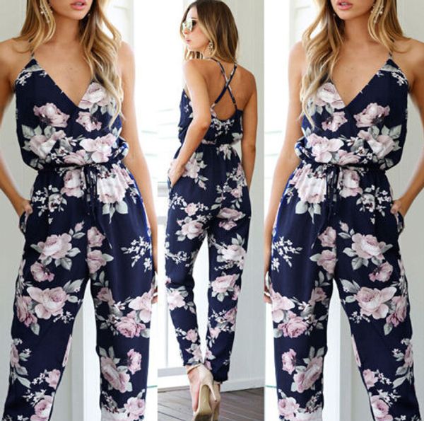 

women clothes playsuit bodycon party jumpsuit romper trousers backless v-neck women's floral clubwear summer, Black;white