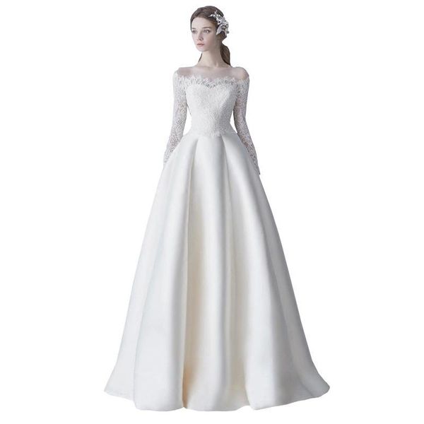 

satin a line beach wedding dresses with lace appliques 2019 floor length bridal gowns lace up, White