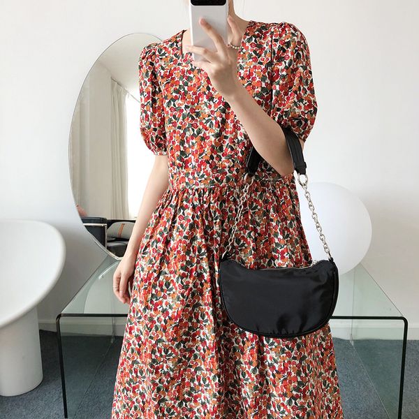 

casual dresses vintage red square collar cherry print dress women 2021 fashion summer printed puff sleeve high waist a line ladies, Black;gray
