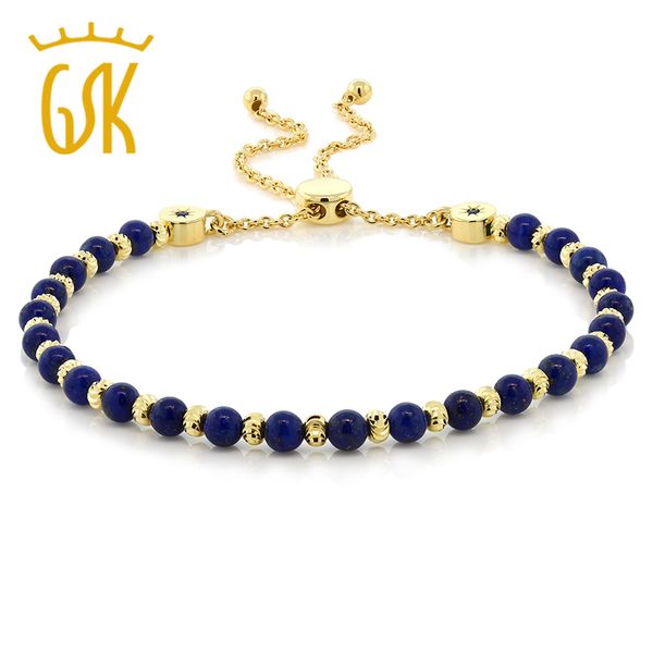 

925 sterling silver gemstone bracelet for women 18k yellow gold plated 4mm round lapis adjustable bracelet gemstoneking, Golden;silver