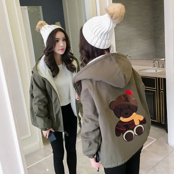

2019 autumn and winter new style korean-style casual students mid-length lambs wool hooded brushed and thick coat women's dress, Blue;black