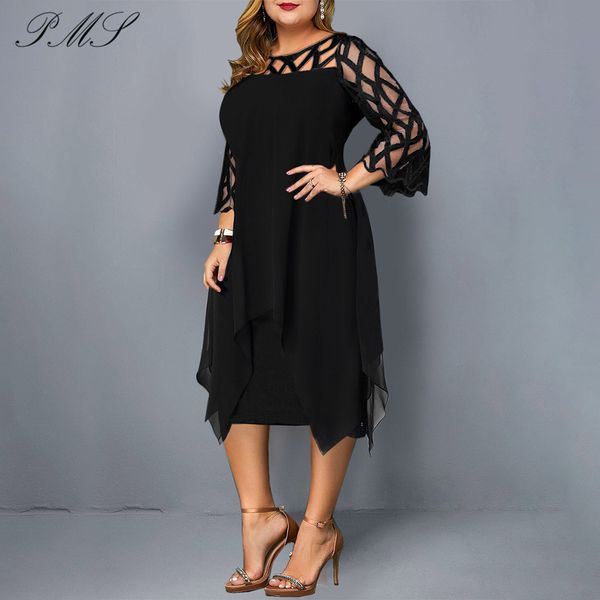 

2019 l~5xl women plus size dress black sheer lace sleeve high low irregular hem swing dress casual party dresses lace dress d25, Black;gray