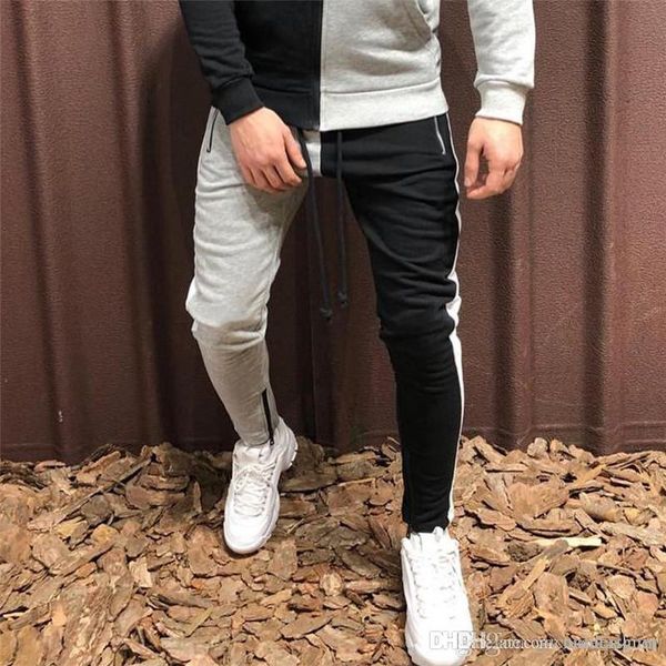 

mans contrast color panelled pants fashion designer man pants with zipper casual slim sport striped clothing, Black