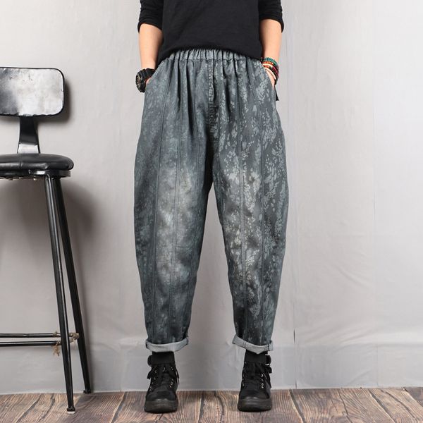 

2020 spring autumn jeans women elastic waist large size denim pants new casual print spliced retro female all-match trousers, Blue