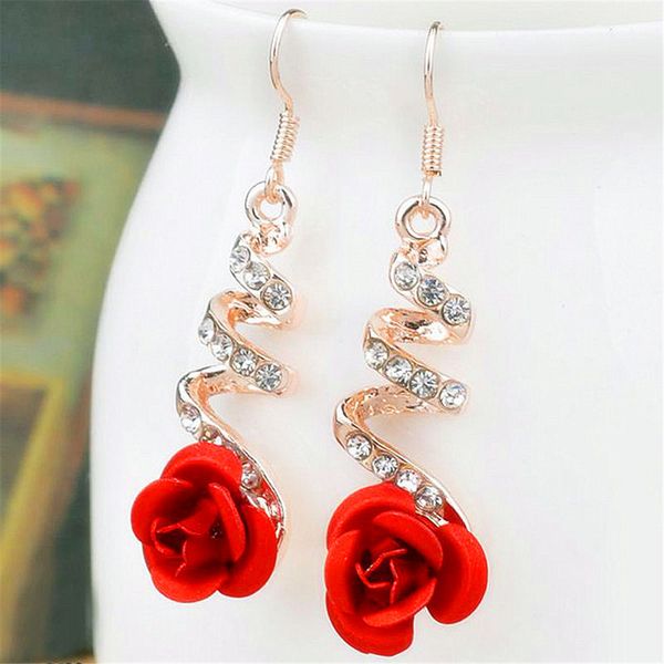 

Vintage Red Rose Drop Earrings for Women Gifts Rose Gold Color Statement Dangle Earrings with Crystal Rhinestone Wedding Jewelry
