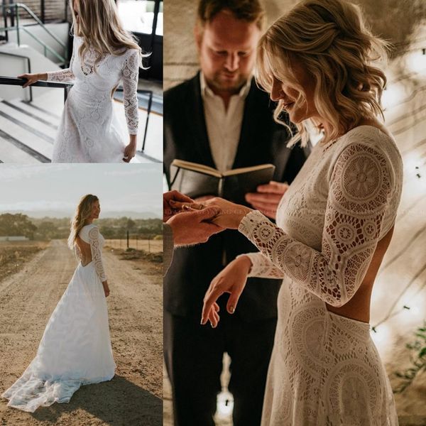 

boho full lace long sleeves wedding dress 2020 open backless beach bridal gowns long train a line bohemian bride dresses, White