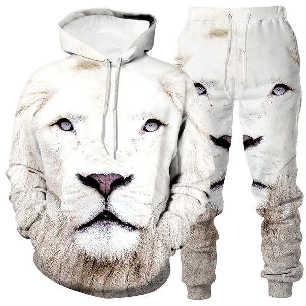 

3d white lion head digital print hoodie casual long sleeve pantsuit, Black