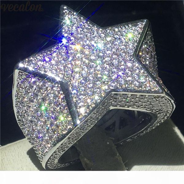 

vecalon big star male hiphop ring white gold filled 500pcs 5a cz party anniversary band rings for men rock finger jewelry, Slivery;golden