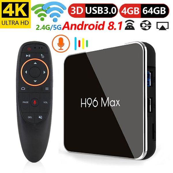 

h96 max x2 voice control tv box android 8.1 amlogic s905 x2 4gb ddr4 64gb rom 2.4 g /5g wifi usb3. 0 bt4. 0 4k h. 265 smart media player