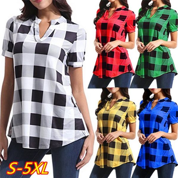 

Plaid Printed V Neck Womens Shirts Summer Loose Short Sleeve Contrast Color Long Tops