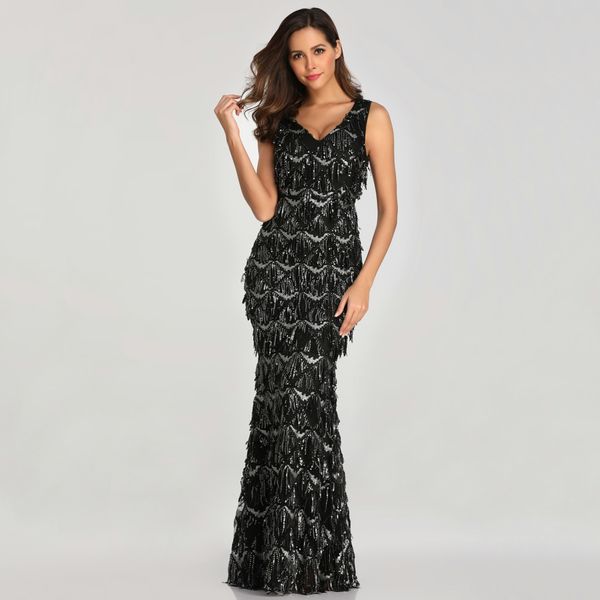 

new 2019 black v-neck tassel sequins dress women elegant long party dress, Black;gray