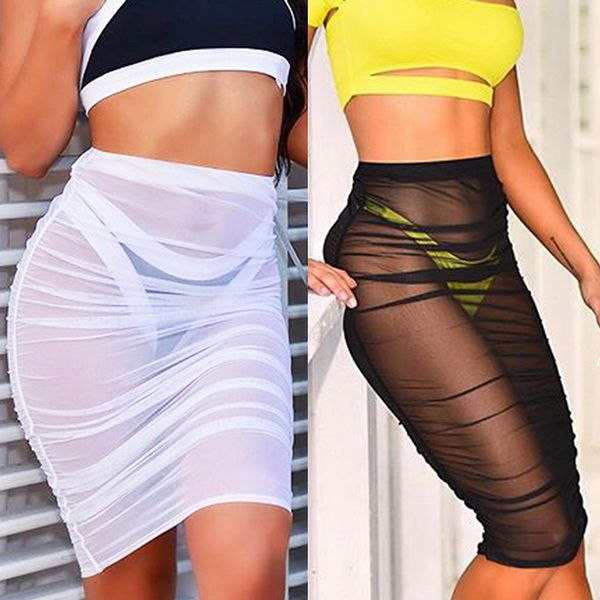 

sunscreen knee length skirts perspective tight mesh skirt women 2018 summer black white party club slim ladies pencil skirt